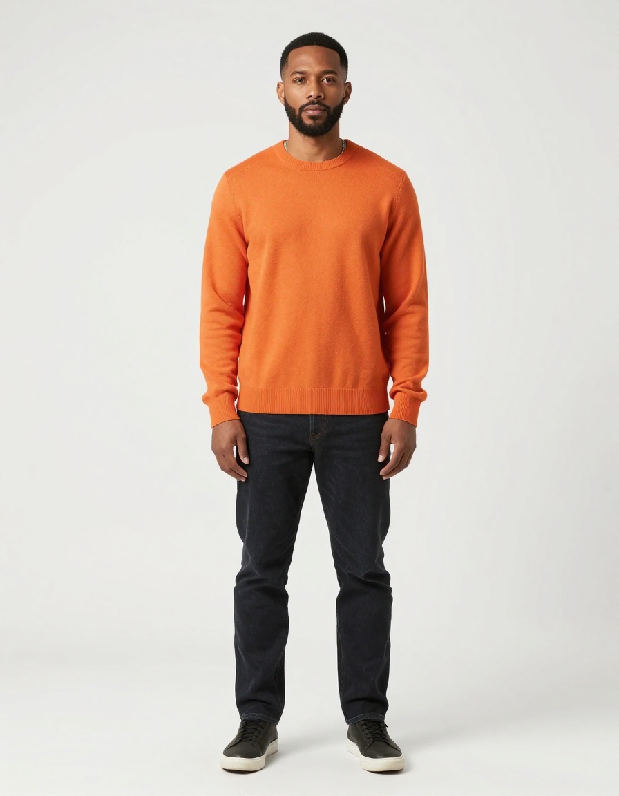 AI-generated fictional adult man in an orange sweater used as the replacement reference